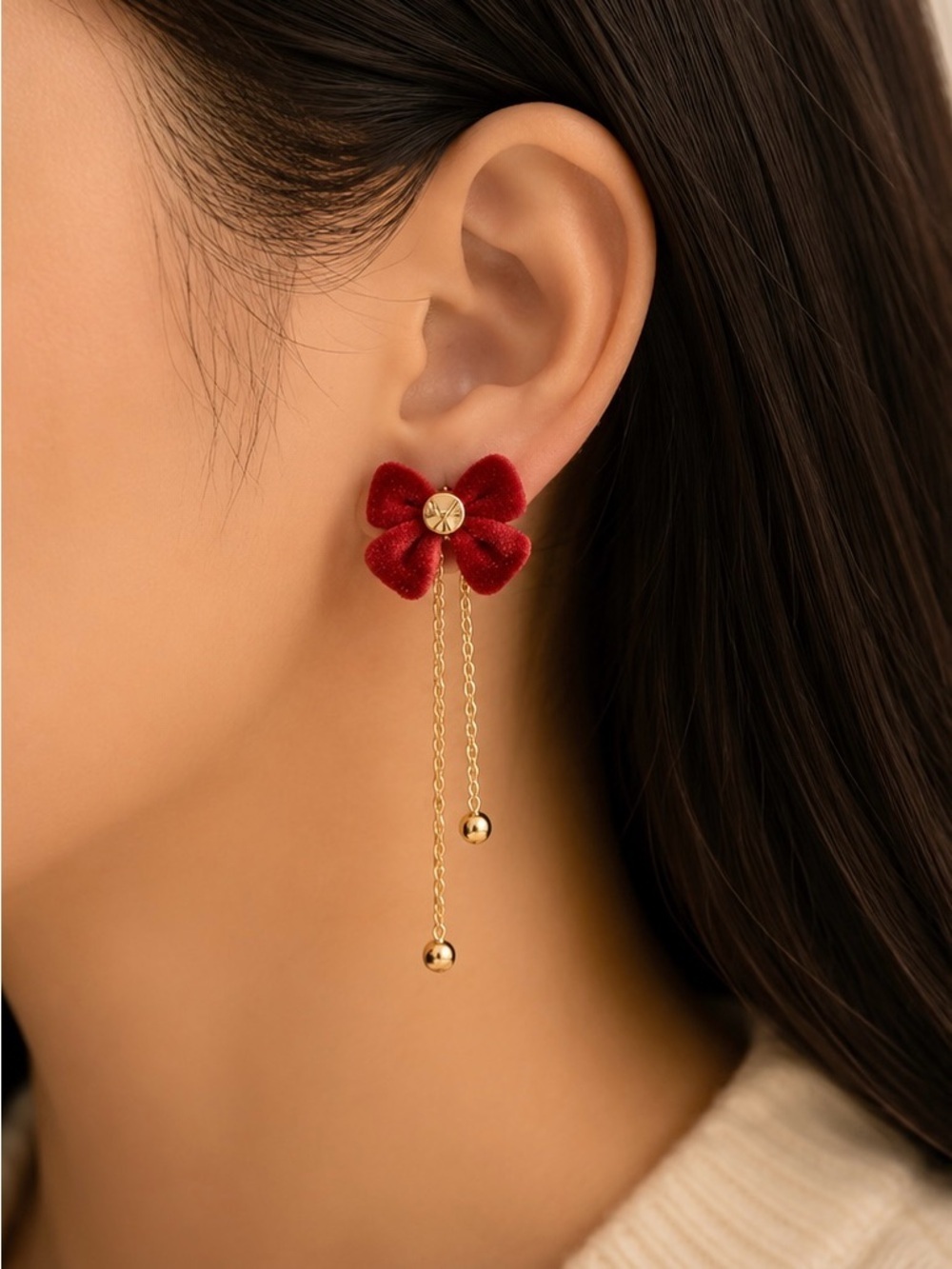 Elegant Red Velvet Flower Chain Drop Earrings